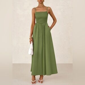 Pretty Garden Olive Green Smocked Midi Dress Cotton Size L